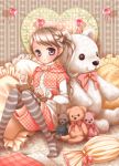  brown_hair original pillow sewing sitting striped striped_legwear striped_thighhighs stuffed_animal stuffed_toy teddy_bear thigh-highs thighhighs youkuzuri 