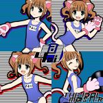  bad_id brown_hair cat_ears cat_paws cat_tail fujimiya_yuu green_eyes highres idolmaster one-piece_swimsuit paws record school_swimsuit short_hair solo swimsuit tail takatsuki_yayoi tongue twintails vinyl_record wink 