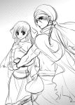  1girl bad_id blush bow couple dragon_quest dragon_quest_v flora flora_(dragon_quest) hair_bow hand_holding hero_(dq5) holding_hands monochrome ookami_ryousuke pouch sakimi_tama sketch smile 