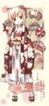  child geta hair_ornament hairpin highres japanese_clothes kanni kimono pink_hair purse red_eyes 
