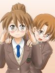  adjusting_glasses blazer blush brown_hair glasses lielos lielos&#039;_ponytailed_girl multiple_girls original poni_child poniko_(lielos) ponytail school_uniform short_hair 