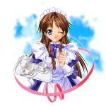  brown_hair cup hinoe_riho long_hair maid original teacup teapot tray wink 