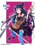  1girl akiyama_mio bangs bass bass_guitar black_hair blunt_bangs don&#039;t_say_&quot;lazy&quot; don&#039;t_say_lazy dress fingerless_gloves garter_belt gloves gothic_lolita hat high_heels highres hime_cut instrument k-on! long_hair microphone microphone_stand mini_top_hat ryuuzaki_itsu shoes solo striped thigh-highs thighhighs top_hat zhuxiao517 