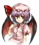  bat_wings hat purple_hair red_eyes remilia_scarlet short_hair takemori_shintarou touhou wings 