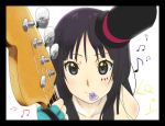  1girl akiyama_mio bad_id bangs bass_guitar black_eyes black_hair blunt_bangs don&#039;t_say_&quot;lazy&quot; don&#039;t_say_lazy fingerless_gloves gloves guitar guitar_pick hat hime_cut instrument k-on! kosame02 long_hair mini_top_hat mouth_hold musical_note plectrum solo top_hat 