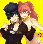 blue_eyes blue_hair glasses hat kujikawa_rise persona persona_4 red_eyes red_hair redhead reverse_trap shirogane_naoto swimsuit twintails 
