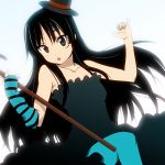  1girl akiyama_mio asymmetrical_clothes bangs black_eyes black_hair blue_legwear blunt_bangs cane don&#039;t_say_&quot;lazy&quot; don&#039;t_say_lazy fingerless_gloves gloves hat hime_cut ism_(inc) k-on! long_hair mini_top_hat pantyhose single_glove solo striped striped_gloves top_hat 