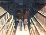  5_centimeters_per_second book bookshelf brown_hair cap hoodie jpeg_artifacts library long_hair screencap shade shadow shelves shinohara_akari skirt toono_takaki 