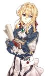  1girl blonde_hair blue_eyes book brooch cheese_kang dress envelope hair_intakes holding holding_book jewelry mechanical_arm violet_evergarden violet_evergarden_(character) wax_seal 
