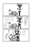  3koma all_fours animal_ears backpack bag bare_shoulders belt blush bucket_hat comic elbow_gloves flying_sweatdrops gloves greyscale hat hat_feather high-waist_skirt highres kaban_(kemono_friends) kemono_friends kneehighs kotobuki_(tiny_life) monochrome parted_lips paws scratching serval_(kemono_friends) serval_ears serval_print serval_tail shirt short_hair short_sleeves shorts simple_background skirt sleeveless sleeveless_shirt tail thigh-highs translation_request trembling white_background 