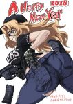  1girl 2018 arm_behind_back ass baseball_cap black_gloves black_hat black_shirt blonde_hair blue_eyes blue_pants breasts clothes_writing commentary_request cowboy_shot english from_behind gemu555 girls_und_panzer gloves goggles grin gun happy_new_year hat holding holding_gun holding_weapon kay_(girls_und_panzer) large_breasts leaning_forward long_hair looking_at_viewer looking_back machine_gun magazine_(weapon) new_year pants pantylines print_shirt shirt smile solo standing t-shirt torn_clothes torn_pants translation_request trigger_discipline weapon weapon_request white_background 