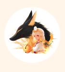  1girl animal bangs bell closed_mouth fox headpiece japanese_clothes jingle_bell kimono looking_at_viewer mole mole_under_mouth onmyouji original oversized_animal parted_bangs red_eyes ribbon_trim silentcity smile solo tassel two-tone_background upper_body white_kimono 