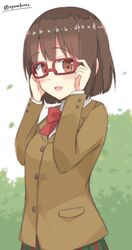  1girl :d adjusting_eyewear bangs blazer blurry blurry_background blush bow bowtie brown_blazer brown_eyes brown_hair chaa_(korone-ze) collared_shirt commentary_request depth_of_field eyebrows_visible_through_hair glasses green_skirt highres jacket kurahashi_miho long_sleeves looking_at_viewer open_mouth plaid plaid_skirt pocket red-framed_eyewear red_neckwear school_uniform shirt skirt smile solo twitter_username white_background white_shirt z-kai:_cross_road 