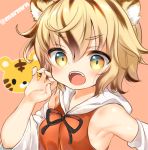 1girl animal_ears bare_shoulders black_hair blonde_hair claws detached_sleeves eyebrows_visible_through_hair fangs hand_up looking_at_viewer marshmallow_mille multicolored_hair open_mouth simple_background solo streaked_hair tiger_ears toramaru_shou touhou twitter_username upper_body wavy_hair yellow_eyes 