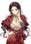  1girl black_hair breasts cattleya_baudelaire cheese_kang cleavage cowboy_shot earrings hand_on_hip jewelry large_breasts long_hair necklace smile violet_evergarden violet_eyes 
