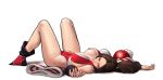  1girl bare_legs boots breasts breasts_apart brown_hair closed_eyes closed_mouth detached_sleeves from_side full_body hands_up highleg highres jungon_kim large_breasts long_hair lying on_back ponytail revealing_clothes shiranui_mai simple_background solo spread_legs street_fighter white_background 