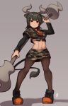  1girl animal_ears arched_back aurochs_(kemono_friends) bangs black_footwear black_legwear black_ribbon blush breasts camouflage closed_mouth cow_ears cow_horns cow_tail crop_top empty_eyes eyebrows eyebrows_visible_through_hair eyelashes full_body green_hair grey_background hatagaya holding holding_weapon horn_lance horns kemono_friends legs_apart light_smile long_sleeves medium_breasts miniskirt navel necktie orange_neckwear palms pantyhose pigeon-toed red_eyes ribbon shadow shirt shoelaces shoes short_hair short_sleeves side_slit signature simple_background skirt sneakers solo standing stomach tail taut_clothes taut_shirt toned tsurime v-shaped_eyebrows weapon 