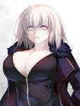  1girl ahoge bangs black_coat black_jacket breasts cleavage coat eyebrows_visible_through_hair fate/grand_order fate_(series) fur_trim highres jacket jeanne_d&#039;arc_(alter)_(fate) jeanne_d&#039;arc_(fate)_(all) jewelry large_breasts long_sleeves looking_at_viewer necklace parted_lips shiki_(psychedelic_g2) silver_hair solo unzipped upper_body yellow_eyes 