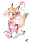  1girl :d animal_ears bangs bare_shoulders bell between_legs black_footwear blonde_hair blue_eyes blush bow chize commentary_request detached_sleeves eyebrows_visible_through_hair fang fingernails fox_ears fox_girl fox_tail full_body hair_bell hair_ornament hair_ribbon hairclip hand_between_legs jingle_bell kemomimi_vr_channel long_hair long_sleeves looking_at_viewer mikoko_(kemomimi_vr_channel) navel open_mouth pink_bow pleated_skirt red_bow red_ribbon red_skirt ribbon sidelocks sitting skirt smile solo tail thigh-highs twintails wariza white_background white_legwear wide_sleeves zouri 