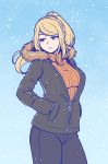  1girl akairiot blonde_hair jacket long_hair metroid mole mole_under_mouth ponytail samus_aran snow solo winter winter_clothes 