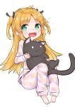  1girl :3 :d animal animal_print bangs barefoot black_ribbon blonde_hair blush cat cat_print charlotte_izoard closed_mouth commentary_request eyebrows_visible_through_hair full_body green_eyes hair_ribbon hashiko_no_woto holding holding_animal long_hair long_sleeves looking_at_viewer o_o open_mouth pajamas pants pink_pajamas pink_pants pink_shirt print_pajamas print_pants print_shirt ribbon ryuuou_no_oshigoto! shirt sitting smile solo tears two_side_up very_long_hair white_background 