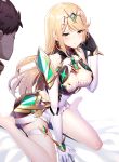  1boy 1girl arm_support arm_up bangs bare_legs bare_shoulders barefoot bed_sheet between_legs black_gloves blonde_hair blush breasts brown_hair cleavage cleavage_cutout closed_mouth commentary_request dress elbow_gloves gloves hair_ornament hand_between_legs highres mythra_(xenoblade) large_breasts long_hair looking_at_viewer ririko_(zhuoyandesailaer) sidelocks sitting solo_focus sweat thigh_strap very_long_hair wariza white_background white_dress white_gloves xenoblade_2 yellow_eyes 