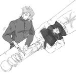  2boys cutting_hair earrings gakuran greyscale hands_together jean_pierre_polnareff jewelry jojo_no_kimyou_na_bouken kakyouin_noriaki lying male_focus monochrome multiple_boys on_back para_sitism school_uniform 