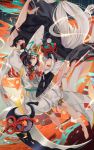  androgynous barefoot black_hair blue_eyes brown_eyes hakudouji hand_holding hat highres holding holding_staff long_hair looking_at_viewer low-tied_long_hair onmyoji para_sitism red_pupils scythe shirodouji smile staff tassel tate_eboshi upside-down very_long_hair white_hair wide_sleeves yellow_eyes 