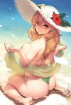  1girl absurdres ass bangs bare_legs bare_shoulders barefoot beach bikini blonde_hair blush breasts day eyebrows_visible_through_hair flower from_behind hair_between_eyes halterneck hat hat_flower highres large_breasts looking_at_viewer looking_back melonbooks outdoors parted_lips partially_submerged red_eyes sasaoka_gungu scan see-through side-tie_bikini sideboob sitting smile solo strap_gap string_bikini sun_hat swimsuit wariza water wet 