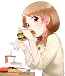  1girl blush breasts brown_eyes brown_hair chicken_nuggets cleavage drinking_straw earrings eating eyebrows_visible_through_hair eyelashes food french_fries from_side hamburger heart heart_earrings heart_necklace idolmaster idolmaster_cinderella_girls jewelry katagiri_sanae looking_at_viewer low_twintails mcdonald&#039;s medium_hair nagian necklace sauce simple_background soda_cup solo sweatdrop sweater table twintails upper_body white_background yellow_sweater 