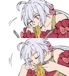  1girl ahoge bare_shoulders chin_rest closed_eyes collarbone dl eating food food_on_face fork grey_hair hair_ribbon long_hair motion_lines noodles one_eye_closed pink_ribbon ribbon senki_zesshou_symphogear silver_hair sketch solo violet_eyes white_background yukine_chris 