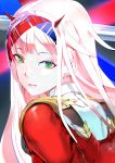  119 1girl bodysuit darling_in_the_franxx headgear highres horn long_hair looking_at_viewer looking_back parted_lips pink_hair upper_body zero_two_(darling_in_the_franxx) 
