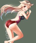  1girl alternate_costume ass blonde_hair competition_swimsuit cowboy_shot dated fang from_behind grey_background hair_flaps hair_ornament hairclip kantai_collection long_hair looking_at_viewer one-piece_swimsuit open_mouth red_eyes red_swimsuit remodel_(kantai_collection) simple_background smile solo swimsuit takaoka_nanase twitter_username yuudachi_(kantai_collection) 