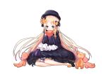  1girl abigail_williams_(fate/grand_order) bangs black_bow black_dress black_hat blonde_hair bloomers blue_eyes blush bow butterfly commentary_request dress eyebrows_visible_through_hair fate/grand_order fate_(series) full_body hair_bow hat holding holding_stuffed_animal l_(yuda07) long_hair long_sleeves looking_down orange_bow parted_bangs polka_dot polka_dot_bow simple_background sitting sleeves_past_fingers sleeves_past_wrists solo stuffed_animal stuffed_toy teddy_bear underwear very_long_hair white_background white_bloomers yokozuwari 
