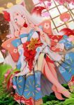  1girl animal_ears bare_shoulders bell blue_eyes blurry blurry_background bow breasts choker cleavage closed_mouth collarbone commission depth_of_field detached_sleeves dutch_angle facial_mark fingernails flower fox_ears fox_girl fox_tail hair_bow hand_up highres japanese_clothes jingle_bell kimono kirimatsu kitsune lantern long_hair long_sleeves looking_at_viewer medium_breasts obi original outdoors paper_lantern petals red_bow red_choker red_flower red_rose rose sash silver_hair sitting smile solo strapless tail very_long_hair white_kimono wide_sleeves 