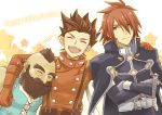  3boys beard belt brown_hair closed_eyes closed_mouth crossed_arms dirk_(tales) facial_hair father&#039;s_day gloves happy kratos_aurion lloyd_irving male_focus multiple_boys open_mouth red_eyes red_gloves red_shirt redhead saklo shirt smile spiky_hair spoilers tales_of_(series) tales_of_symphonia upper_body 