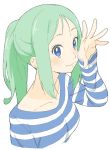  1girl absurdres blue_eyes blue_sweater blush breasts closed_mouth donguri_suzume green_hair hand_up highres medium_breasts original ponytail simple_background smile solo striped striped_sweater sweater white_background 