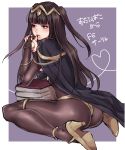  1girl ass bangs black_hair blunt_bangs blush bodystocking bracelet breasts bridal_gauntlets cape circlet fire_emblem fire_emblem:_kakusei grey_eyes hifumi_(art_sky_littel) highres jewelry long_hair medium_breasts sitting solo tharja tiara two_side_up 