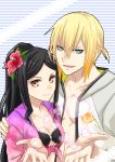  1boy 1girl alternate_hairstyle black_hair blonde_hair blue_eyes closed_mouth eizen_(tales) flower hair_flower hair_ornament hand_on_another&#039;s_shoulder hood hoodie long_hair looking_at_viewer multicolored_shirt open_mouth ponytail saklo smile tales_of_(series) tales_of_berseria upper_body velvet_crowe white_hoodie yellow_eyes 