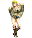  1girl arms_up boots bracelet breasts brown_eyes brown_hair cleavage cowboy_boots eyebrows_visible_through_hair fringe full_body hat jewelry katrina_company large_breasts midriff navel official_art short_hair short_shorts shorts solo standing super_robot_wars super_robot_wars_x-omega tank_top watanabe_wataru 