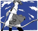  1girl archery arrow artist_name blue_background bow_(weapon) clouds dated from_below gloves highres japanese_clothes kaga_(kantai_collection) kantai_collection kyuudou looking_afar monochrome muneate open_mouth side_ponytail thigh-highs tuskryo weapon 