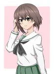  1girl brown_eyes brown_hair cosplay girls_und_panzer highres light_smile looking_at_viewer nishizumi_maho ooarai_school_uniform pink_background short_hair simple_background solo tuskryo 