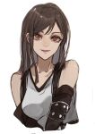  1girl bare_shoulders black_bra black_gloves bra brown_hair elbow_gloves elbow_pads final_fantasy final_fantasy_vii final_fantasy_vii_remake gloves highres long_hair looking_at_viewer parted_lips portrait red_eyes shirt sleeveless sleeveless_shirt smile solo sportswear tifa_lockhart underwear upper_body vivi_(skuskuma_) white_background white_shirt 