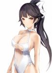  1girl arms_at_sides atago_(azur_lane) azur_lane bangs bare_shoulders black_hair blunt_bangs blush breasts casual_one-piece_swimsuit cleavage closed_mouth covered_navel criss-cross_halter eyebrows_visible_through_hair hair_ribbon halterneck high_ponytail large_breasts light_frown long_hair nannacy7 one-piece_swimsuit ponytail ribbon simple_background solo swimsuit upper_body white_background white_ribbon white_swimsuit 