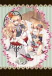  2girls :d azur_lane bare_shoulders blonde_hair blue_bow blush border bow carpet cat chair closed_eyes closed_mouth crown curly_hair detached_sleeves epaulettes eyebrows_visible_through_hair gloves hair_between_eyes hairband indoors long_hair long_sleeves looking_at_viewer lying mini_crown multiple_girls on_side one_knee open_mouth pink_bow queen_elizabeth_(azur_lane) scarf sitting sleeping smile striped thigh-highs uran_(uran-factory) v-shaped_eyebrows vertical-striped_background vertical_stripes very_long_hair warspite_(azur_lane) white_footwear white_gloves white_legwear white_scarf 