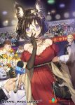  1girl 2boys animal_ears bag bare_shoulders black_gloves blonde_hair blush braid breasts brown_hair cat_ears cleavage copyright_name crowd cup dress drinking_glass elbow_gloves flower glasses gloves handbag jewelry large_breasts looking_at_viewer microphone multiple_boys necklace official_art qurare_magic_library red_dress short_hair violet_eyes watermark whoisshe wine_glass 