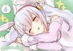  1girl :o animal_ears azur_lane bangs blush camisole closed_eyes commentary_request eyebrows_visible_through_hair green_background hair_ornament hairband jacket laffey_(azur_lane) lap_pillow long_hair long_sleeves lying off_shoulder on_side parted_lips pink_jacket rabbit_ears red_hairband silver_hair solo_focus sou_(soutennkouchi) spoken_sweatdrop sweatdrop twintails twitter_username very_long_hair white_camisole 