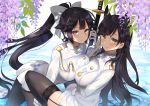  2girls atago_(azur_lane) azur_lane black_hair blush breasts gloves holding holding_sword holding_weapon katana kurot large_breasts long_hair looking_at_viewer military military_uniform multiple_girls sword takao_(azur_lane) uniform very_long_hair weapon white_gloves 