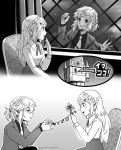  1boy 1girl blush greyscale link long_hair monochrome open_mouth pointy_ears princess_zelda sayoyonsayoyo short_hair smile the_legend_of_zelda the_legend_of_zelda:_breath_of_the_wild tower 