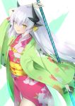  100 1girl absurdres blush eyebrows_visible_through_hair fate/grand_order fate_(series) grey_hair hair_between_eyes hair_ornament highres holding holding_spear holding_weapon japanese_clothes kiyohime_(fate/grand_order) long_hair polearm smile solo spear weapon yellow_eyes 
